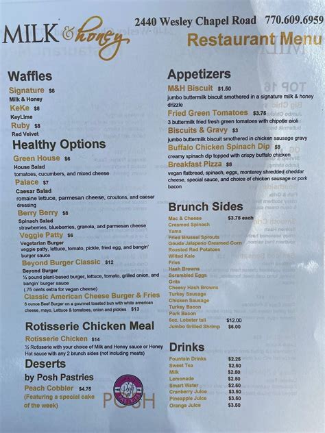 Menu at Milk & Honey Restaurant at Wesley Chapel, Candler-McAfee