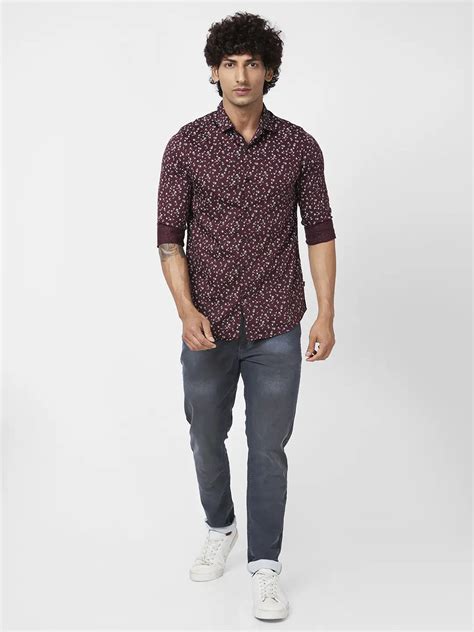 Spykar Men Deep Wine Red Satin Slim Fit Full Sleeve Causal Printed Shirt