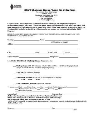2014-2026 ARRL DXCC Challenge Plaque / Lapel Pin Order Form - Blank ...