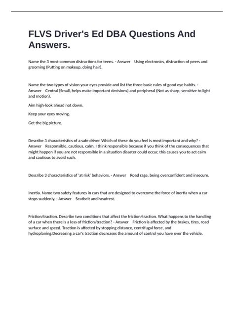 FLVS Driver's Ed DBA Questions And Answers. - Drivers Ed DBA - Stuvia US