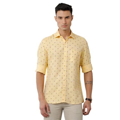 Buy Linen Club Men's Pure Linen Yellow Printed Regular Fit Full Sleeve ...
