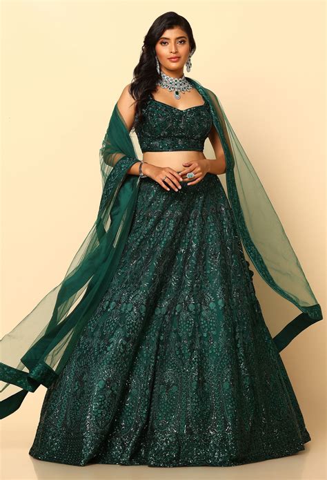 Bottle Green Lehenga with Elegant Tone-to-Tone Work – Meena Gurnam