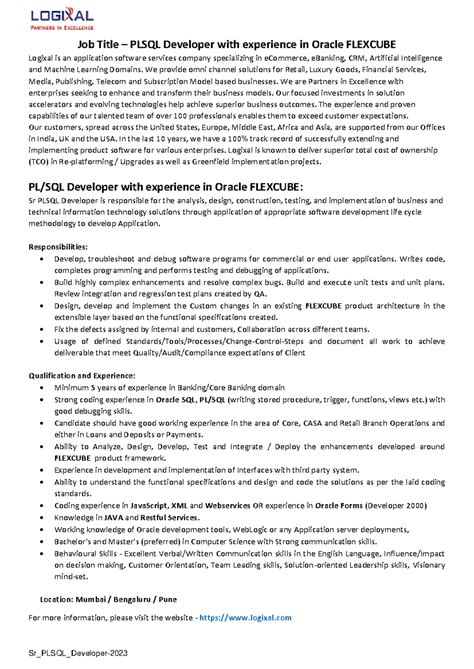 Plsql Flexcube - Sr_PLSQL_Developer- 2023 Job Title – PLSQL Developer ...