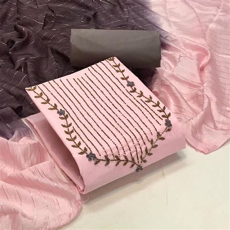 Pink Casual Wear Embroidered Cotton Dress Material