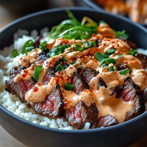 Korean BBQ Steak Rice Bowls with Spicy Cream Sauce