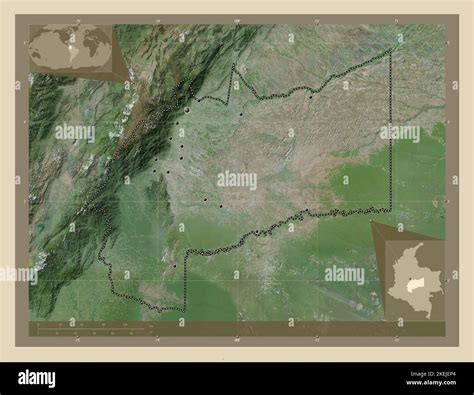 Meta, department of Colombia. High resolution satellite map. Locations of major cities of the ...