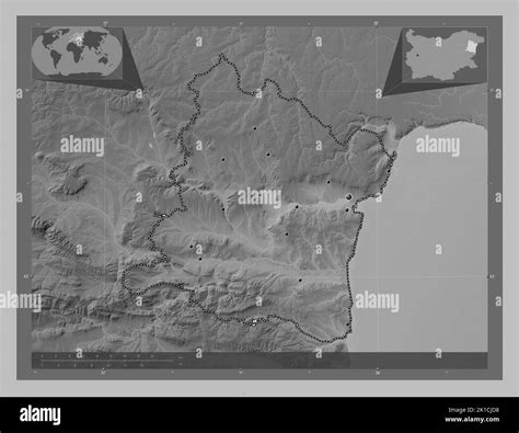 Varna, province of Bulgaria. Grayscale elevation map with lakes and rivers. Locations of major ...