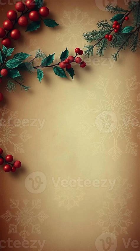 Rustic christmas background with holly berries and pine branches on ...