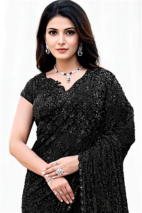 Black Armani Tulle Pure Beads Work Saree