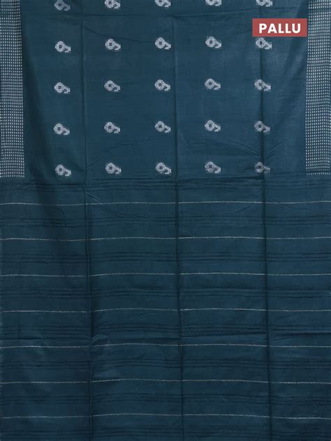 Semi bamboo saree peacock green with silver zari woven buttas and silv ...