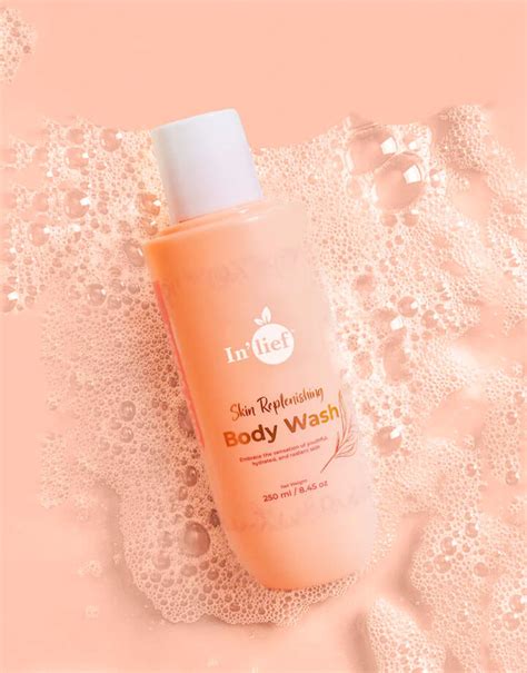 Product photoshoot of In’lief body wash for soft and glowing skin.