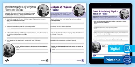 Great Scientists of Physics True or False Assessment