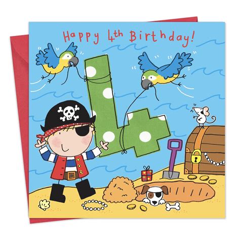 Buy Twizler 4th Birthday Card for Boy with Pirate, Dog, Parrots and ...