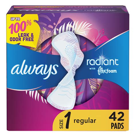 Always Radiant Feminine Pads, Size 1 Regular, with Wings, Scented, 42 ...