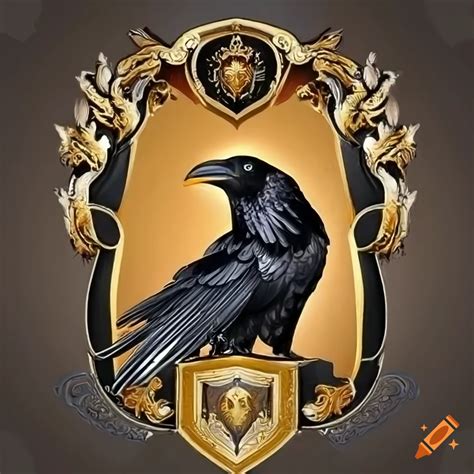 A majestic golden raven holding a shield with a crest design on Craiyon