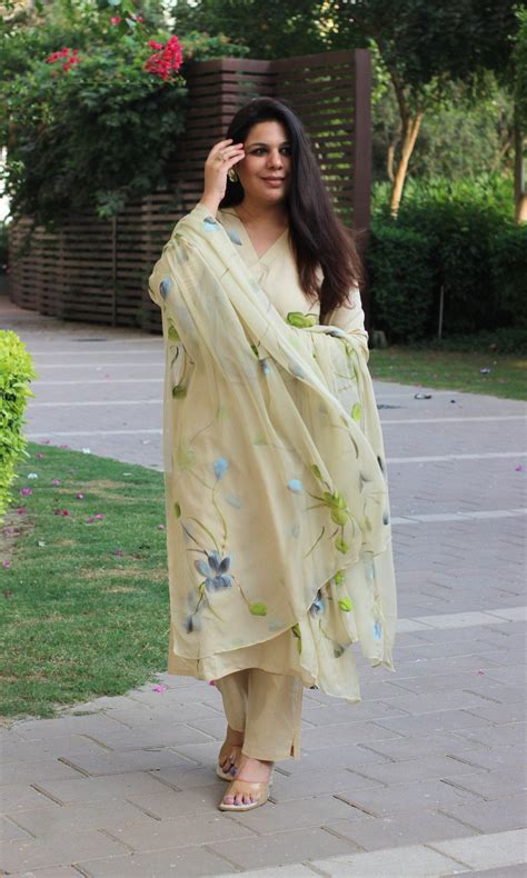 Cotton Beige & Blue Hand Brush Painted Suit with Chiffon Hand Painted ...