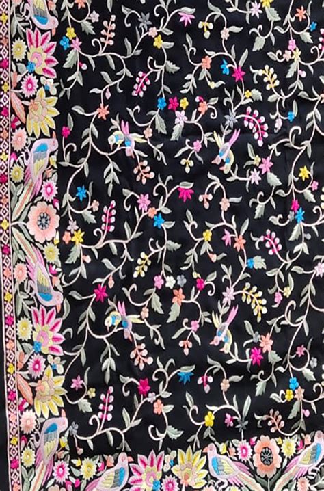 Black Hand Embroidered Parsi Gara Crepe Floral Design Saree - Luxurionworld