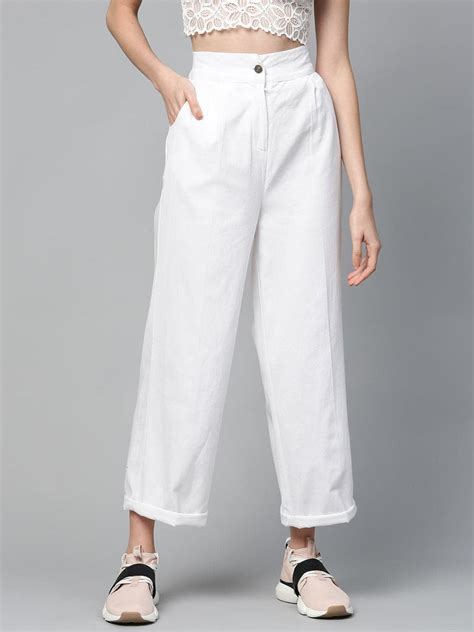 Buy Women White Regular Fit Solid Twill Parallel Trousers - Trousers ...