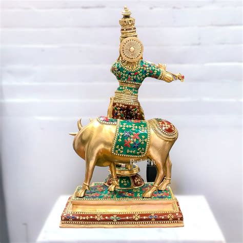 Buy Superfine Krishna With Cow - Handcrafted in Fine Brass - Meenakari ...