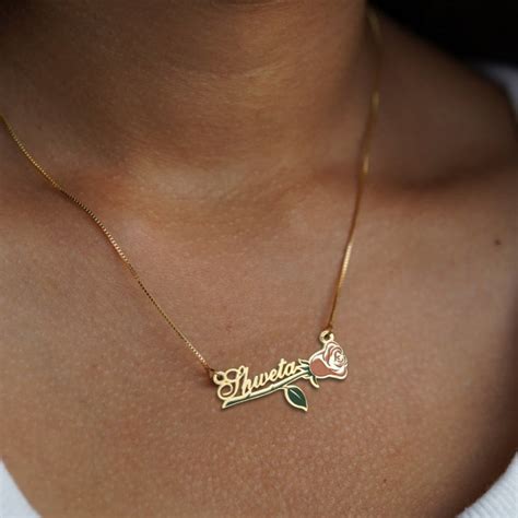 24K Gold Plated Personalize Enamel Rose with Name Necklace ...