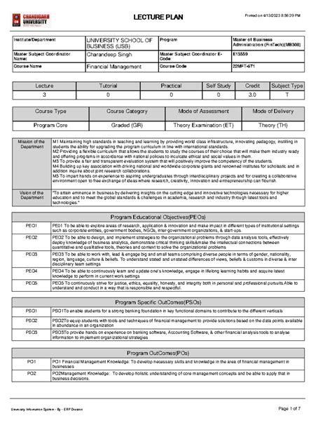 Lecture Plan MB308 22MFT-671 - Program Educational Objectives(PEOs ...
