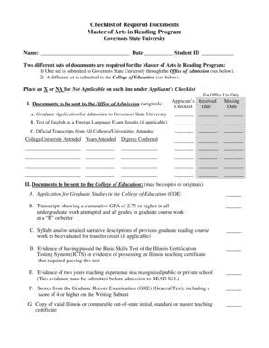 Fillable Online Master of Arts in Reading Program Application Checklist ...