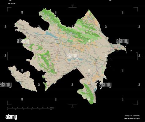 Shape of a topographic, OSM France style map of the Azerbaijan, with distance scale and map ...
