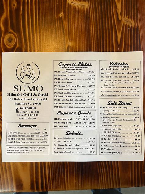 Menu at Sumo Hibachi and Sushi restaurant, Beaufort