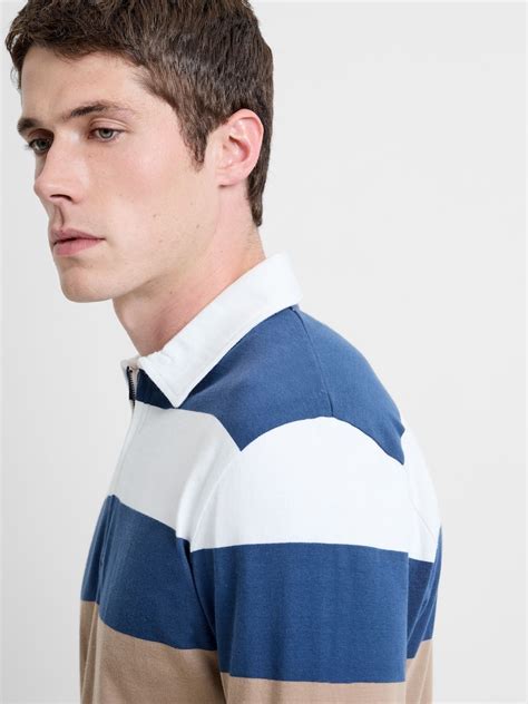 Buy French Connection Natural Cotton Striped Collared Long Sleeve Polo ...