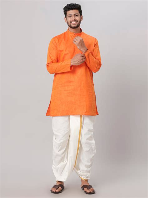 Mens Medium Length Orange Kurta with Cream Panchakacham Combo FS3-Front ...