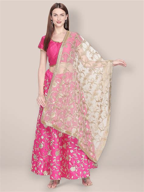 White & Gold Embroidered Net Dupatta. Dupatta Bazaar