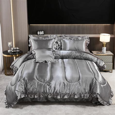 Amazon.com: Satin Comforter Set Queen 8 Pieces - Silk-Like Grey Bedding ...