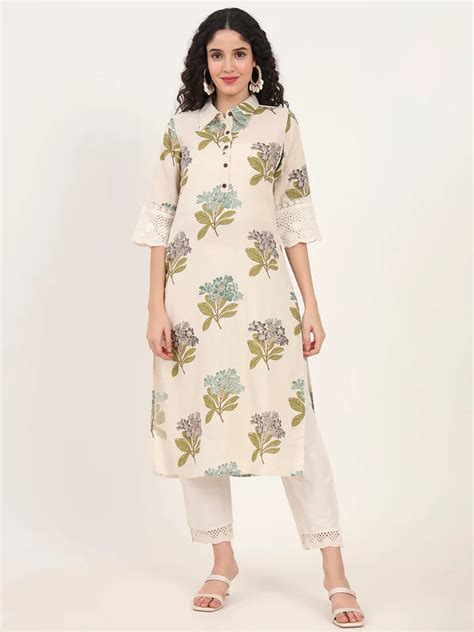 Green Floral Printed Cotton Kurta
