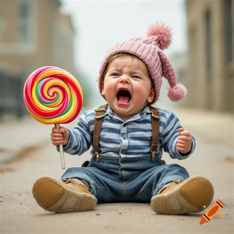 JD Vance as toddler throwing tantrum with lollipop and baby hat on Craiyon