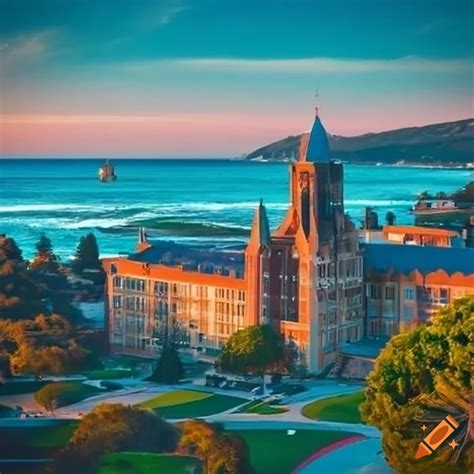 College campus overlooking the ocean in California on Craiyon