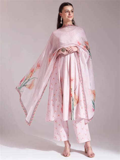 Pink Linen Cotton A-Line Kurta Dupatta Set – Yufta Store