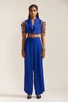 Buy Blue Crepe Cut Work, Beads Collared Brick Embroidered Crop Jacket ...