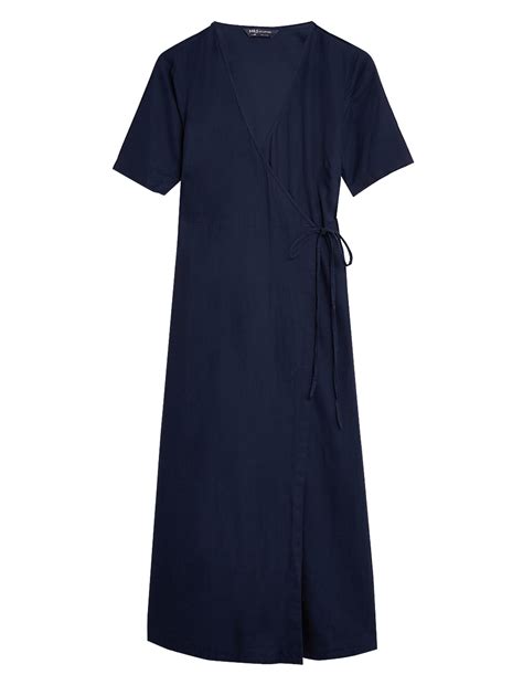 Buy Linen Blend Short Sleeve Midi Wrap Dress at Marks & Spencer