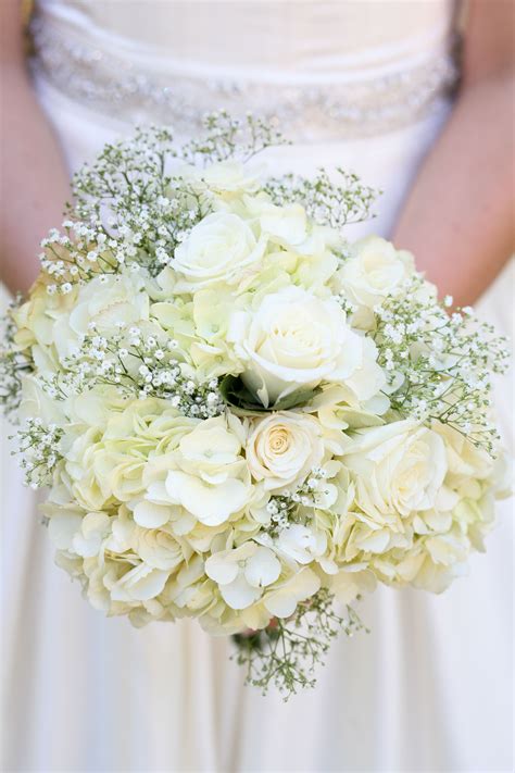 White Rose, Hydrangea and Baby's Breath Bouquet | White bridal bouquet ...