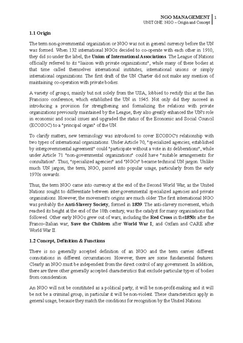 NGO Management Unit 1: Origins, Concepts, and Functions - Studocu