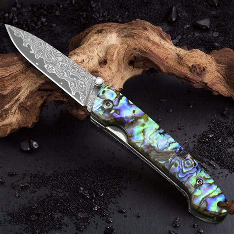 Damascus Pocket Knife - Damascus Steel & Abalone Pocket Knife - Touch ...