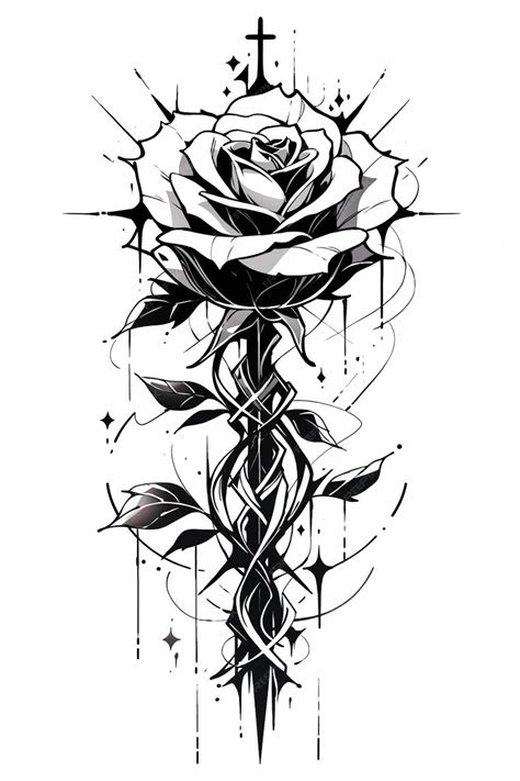 A black and white drawing of a rose with a cross on it generative ai ...