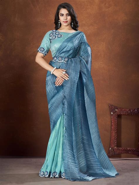⚡️Buy Awesome Blue Printed Silk Event Wear Pleated Saree With Blouse ...