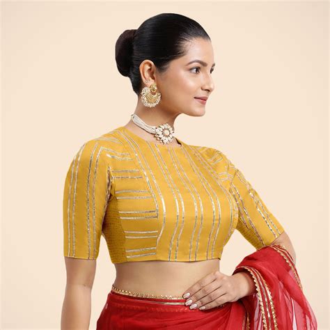 Elbow Sleeves Saree Blouse in Marigold Yellow Artificial Silk – Binks