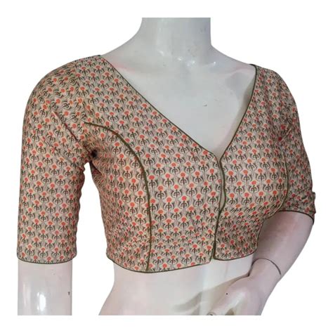 Off White Color Printed Silk V-neck Designer Readymade Blouse| D3blouses