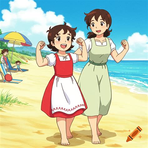 A cartoon mother and daughter, Heidi, flex their muscles on a sunny ...