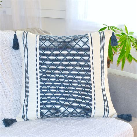 Boho Cotton Throw Pillow Cover with Tassels, 20x20, Navy Blue/Cream for ...