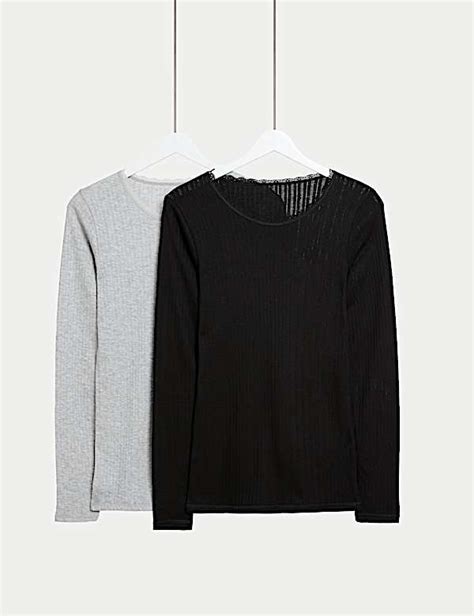 Buy 2pk Medium Warmth Pointelle Thermal Long Sleeve Tops at Marks & Spencer