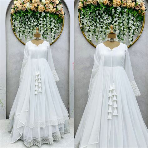 White Long Flair Double Layered Anarkali With Dupatta – subhvastra