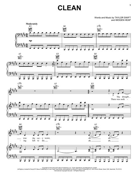 Clean by Taylor Swift Sheet Music for Piano, Vocal & Guitar Chords ...